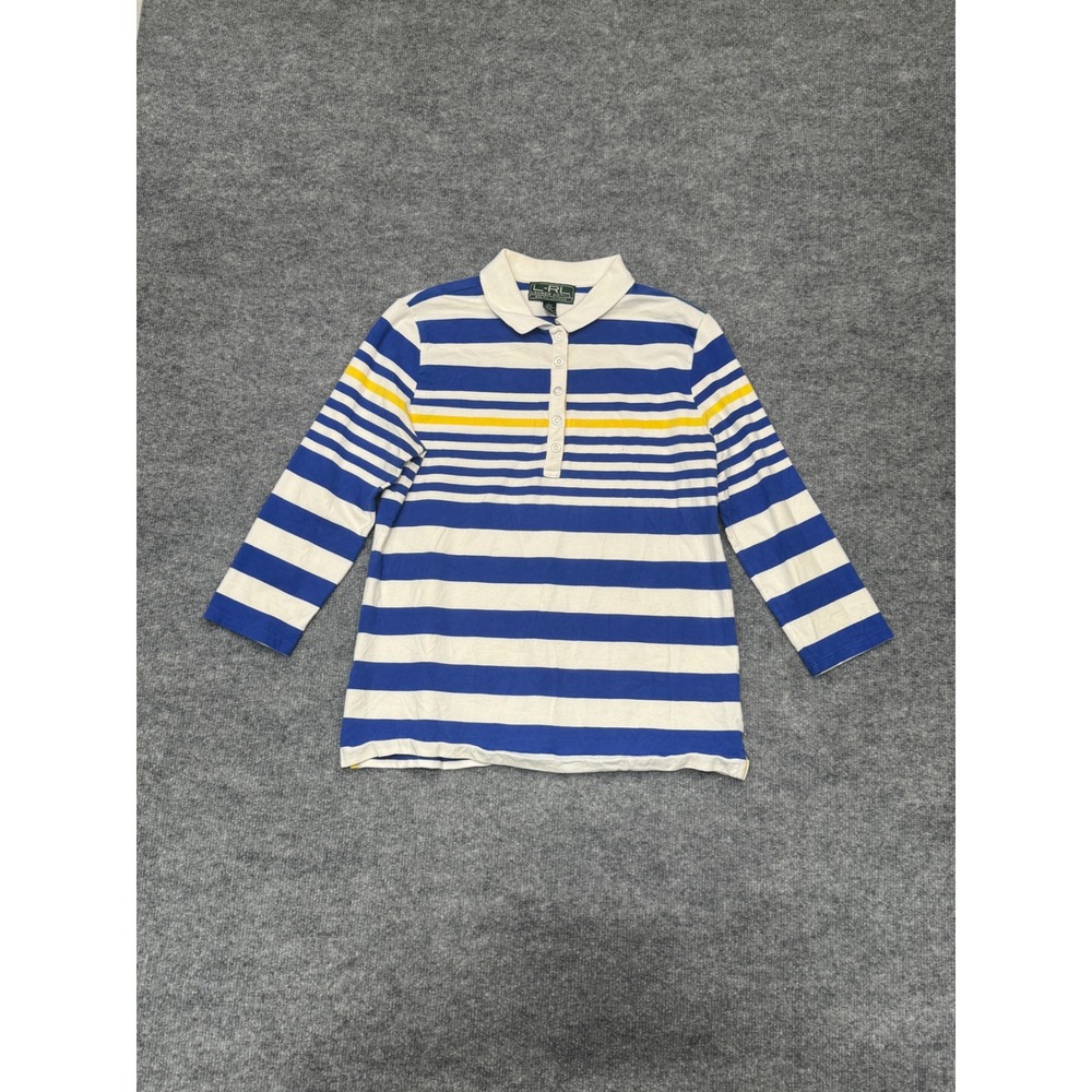 Lauren Ralph Lauren Active Women Large Blue White Striped Long Sleeve Polo Shirt